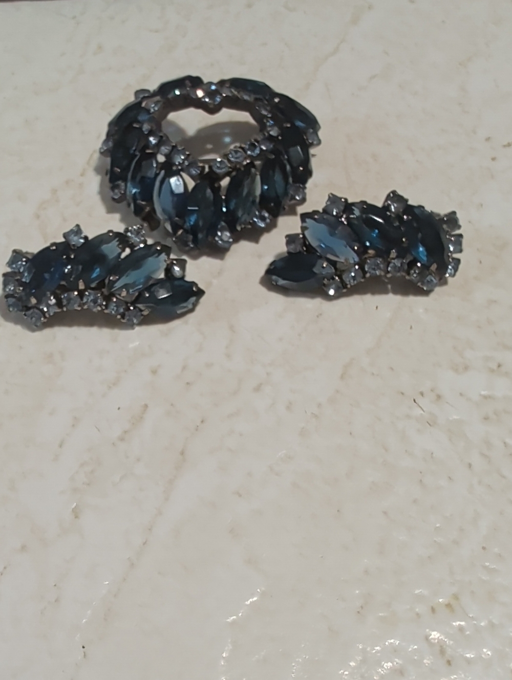 Blue Crystal Leaf Brooch and Earrings Set